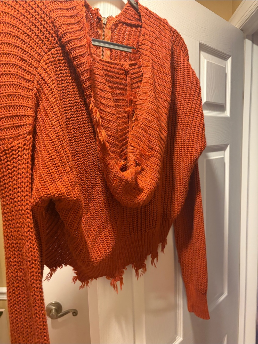 Women's Orange Distressed Zip-Front Knit Sweater - Picture 2 of 2